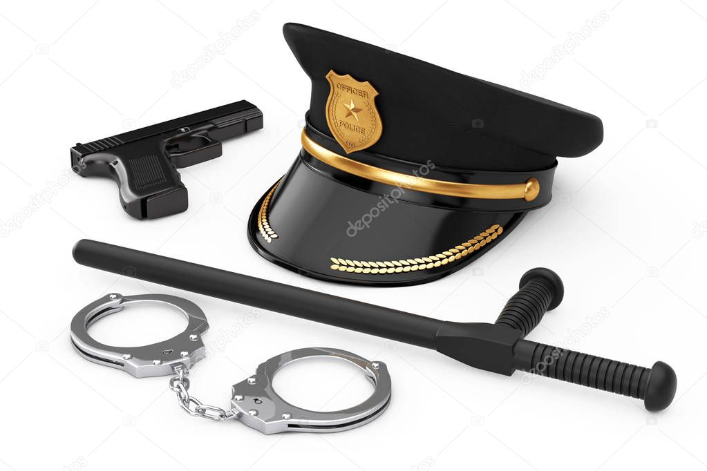 Metal Handcuffs, Black Rubber Police Baton or Nightstick, Powerf