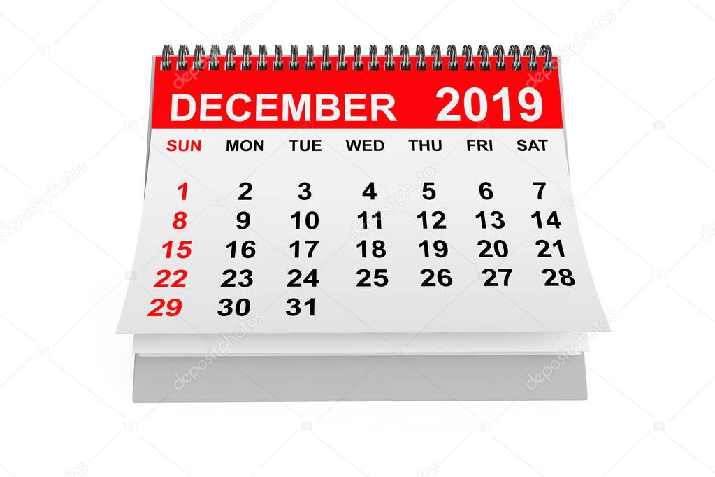 2019 Year December Calendar. 3d rendering