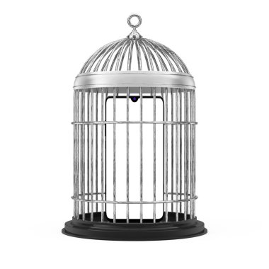 Metal kafeste beyaz ekranlı beyaz arka planda cep telefonu. 3d Hazırlama