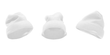 Beyaz Kuru Kış Örgü Fasulye Şapkalı Şapka Mokup Tasarımınız İçin Boş Alan beyaz arka planda. 3d Hazırlama