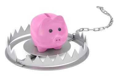 Beyaz arka planda Pembe Domuz Kumbaralı Metal Ayı Tuzağı. 3d Hazırlama