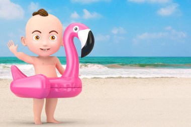 Yaz Yüzme Havuzu Şişirilebilir Pembe Flamingo Oyuncağı ile okyanus ya da deniz kumsalı arka planında Şirin Bebek Çocuk. 3d Hazırlama