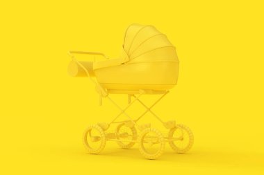 Modern Yellow Baby Carriage, Stroller, Pram Mock Up in Duotone Style on a yellow background. 3d Rendering clipart