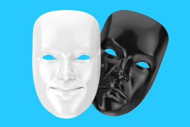 Mavi arka planda Beyaz Gülümseyen Komedi ve Siyah Hüzünlü Drama Grotesk Tiyatro Maskesi. 3d Hazırlama