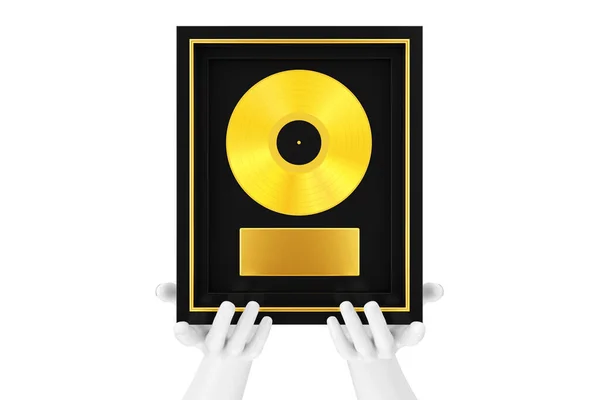 Abstract Mannequin Hands Holding Gold Vinyl Prize Award Met Label — Stockfoto