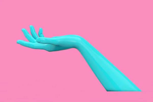 Abstract Mannequin Open Blue Hand in Duotone Style on a pink background. 3d Rendering