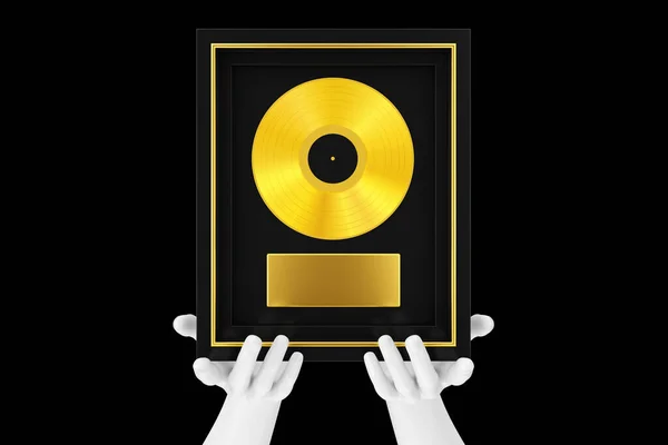 Abstract Mannequin Hands Holding Gold Vinyl Prize Award Met Label — Stockfoto