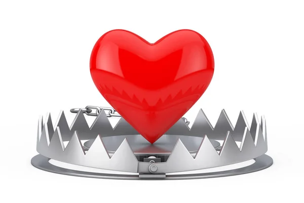 Metal Bear Trap Red Heart White Background Rendering — Stock Photo, Image
