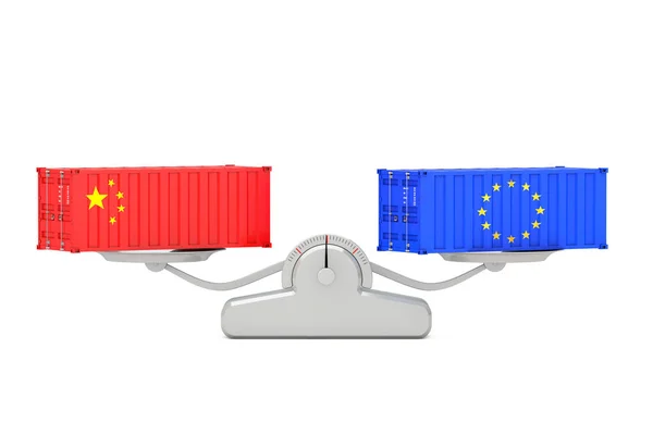 Concept Expédition Conteneurs Expédition Avec Chine Union Européenne Drapeaux Équilibrage — Photo