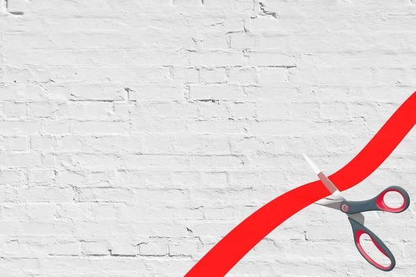 Nożyczki Przecinanie Czerwonej Wstążki Pustym Miejscem Projektowania Przed Tle Ściany — Zdjęcie stockowe