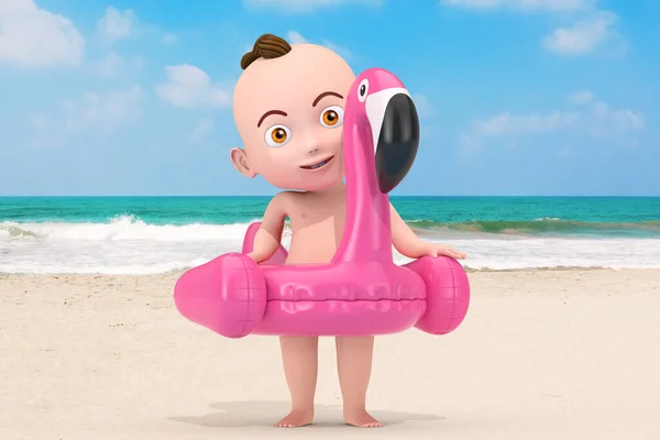 Tekenfilm Schattige Baby Boy Met Zomer Zwembad Inflantable Rubber Pink — Stockfoto