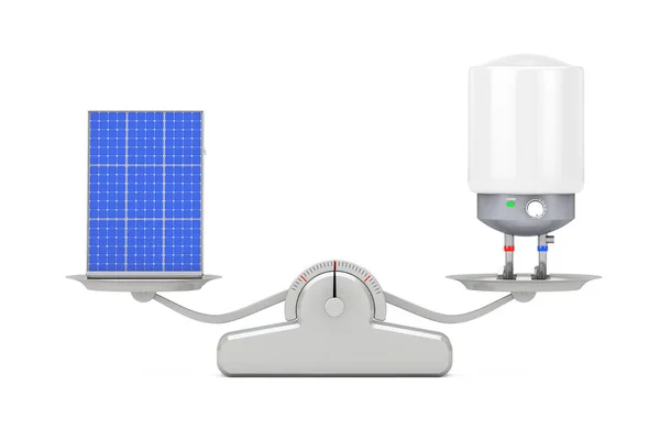 白い背景にシンプルな計量スケールでバランスをとる太陽熱温水器付き自動電気給湯器 3Dレンダリング — ストック写真