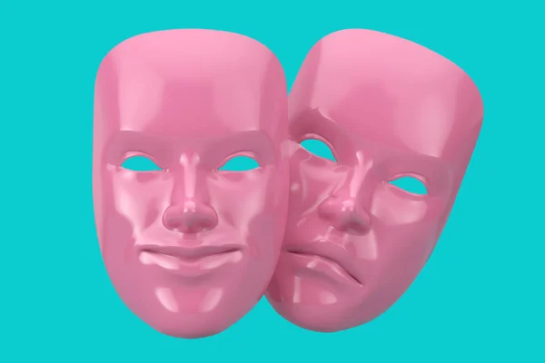 ピンクの笑顔コメディと悲しいドラマ青の背景にDuotoneスタイルのグロテスクなシアターマスク 3Dレンダリング — ストック写真