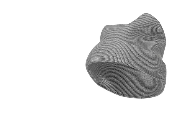 ブランク冬グレーニットウールビーニー帽子キャップ白い背景にあなたのデザインのための無料スペースとモックアップ 3Dレンダリング — ストック写真