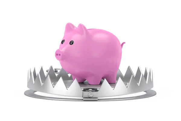 金属熊陷阱与粉红猪银行的白色背景 3D渲染 — 图库照片