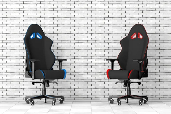 Профессиональные Современные Черные Компьютерные Игровые Кресла Перед Кирпичной Стеной Рендеринг — стоковое фото