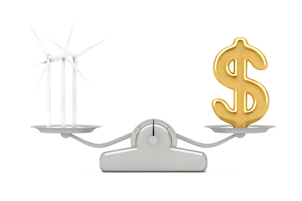 带有风力涡轮机的金元标志风车在白色背景上的简单称重天平上保持平衡 3D渲染 — 图库照片