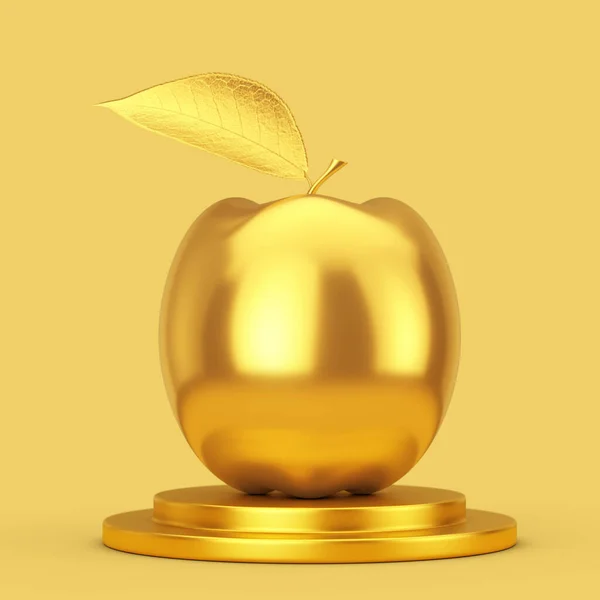 Realistic Golden Apple on a Golden Pedestal on a yellow background. 3d Rendering