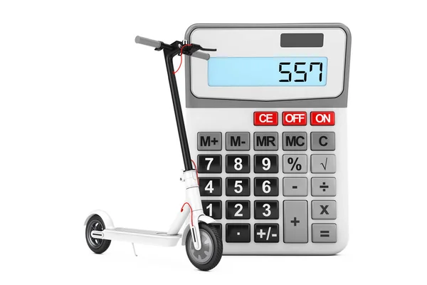 White Modern Eco Electric Kick Scooter Рядом Pocket Calculator Белом — стоковое фото