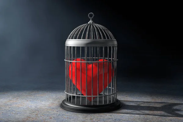 Red Heart Metal Cage Dark Background Rendering — Stock Photo, Image