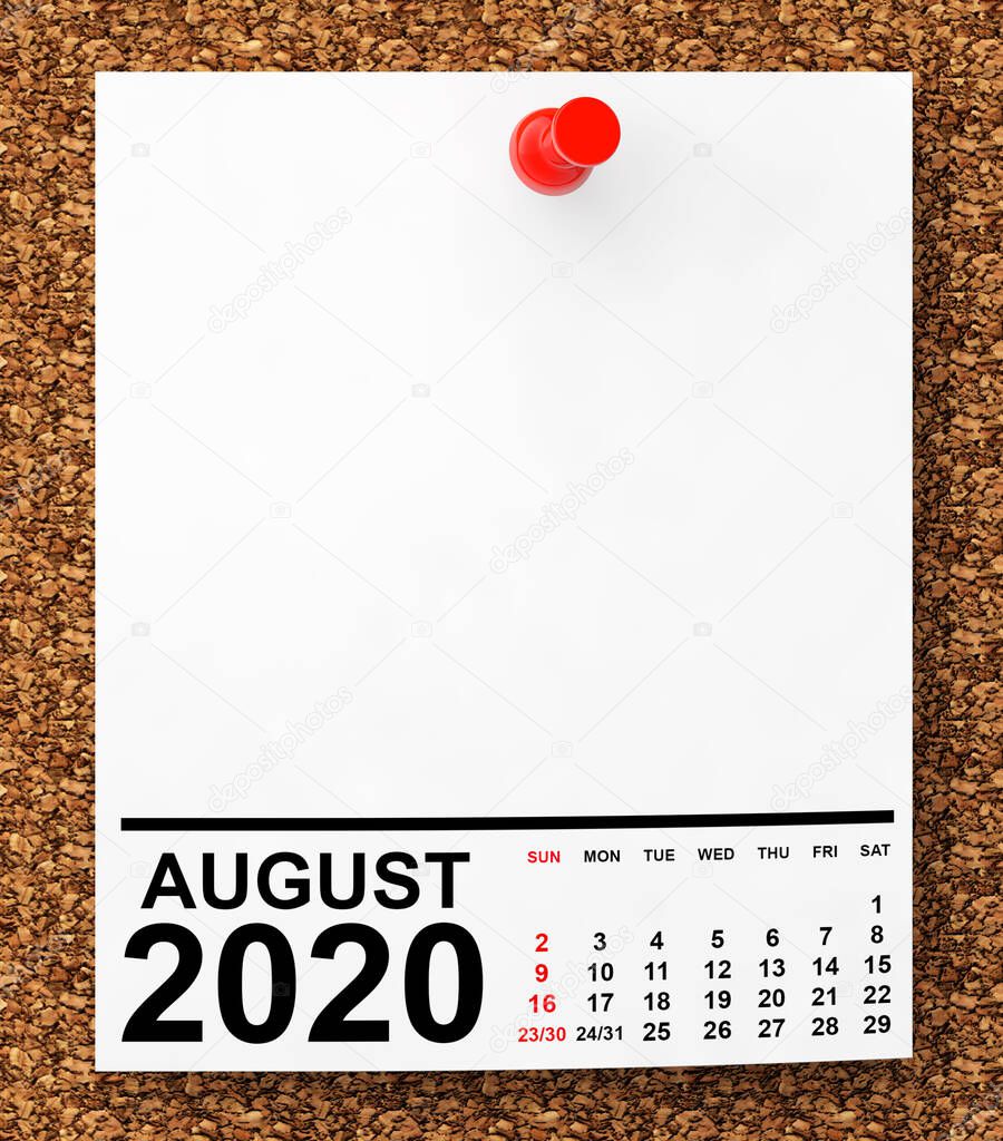 Calendar August 2020 on Blank Note Paper with Free Space for Your Text.3d Rendering