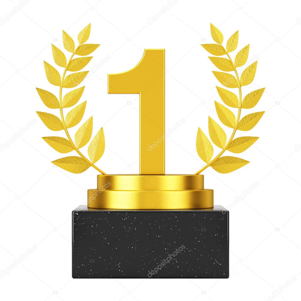 Winner Award Cube Gold Laurel Wreath Podium, Stage or Pedestal with Golden Number One or First Place on a white background. 3d Rendering