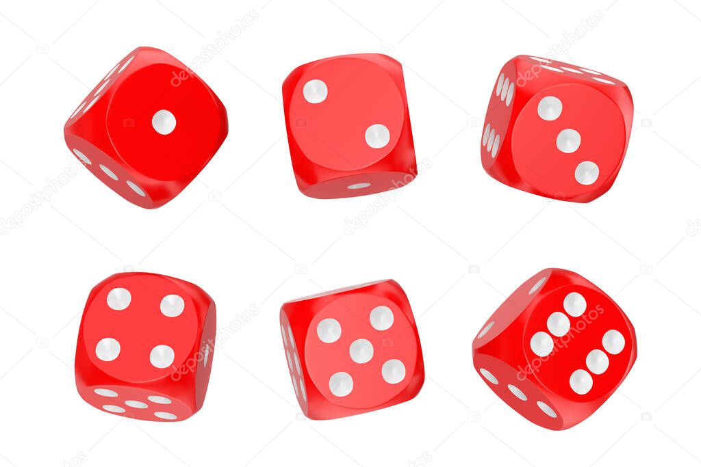 Casino Gambling Concept. Set of Red Game Dice Cubes in Differetn Positions on a white background. 3d Rendering