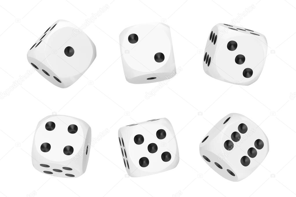 Casino Gambling Concept. Set of White Game Dice Cubes in Differetn Positions on a white background. 3d Rendering