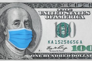 Küresel Finansal Kriz Konsepti. Yüz Dolarlık banknotta tıbbi maskeli Benjamin Franklin çok yakın planda. 3d Hazırlama