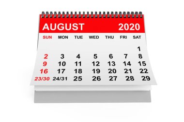2020 Ağustos takvimi beyaz arka planda. 3d oluşturma