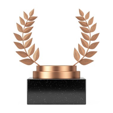 Boş Kazanan Ödül Küpü, Bronz Çelenk Kürsüsü, Sahne veya Pedestal, beyaz arka planda Tasarımınız İçin Boş Alan. 3d Hazırlama