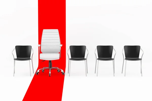 ビジネスホワイトオフィスレザーボスアームチェアレッドラインの上にシンプルな椅子が白い背景に並んでいます 3Dレンダリング — ストック写真