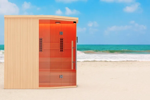 Classic Wooden Infrarered Finnish Sauna Cabin Ocean Sea Sand Beach — Stock Photo, Image