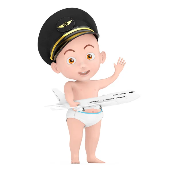 Little Pilot Concept. Cartoon Cute Baby Boy in Airline Pilots Hat and Modern Passenger Airplane in Hand on a white background. 3d Rendering