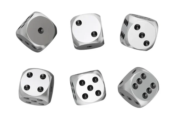 赌场赌博概念 一组银牌游戏骰子在白底白底的白底位置上的方块 3D渲染 — 图库照片