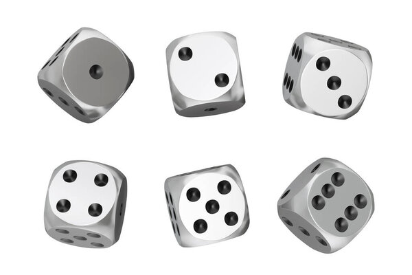 Casino Gambling Concept. Set of Silver Game Dice Cubes in Differetn Positions on a white background. 3d Rendering