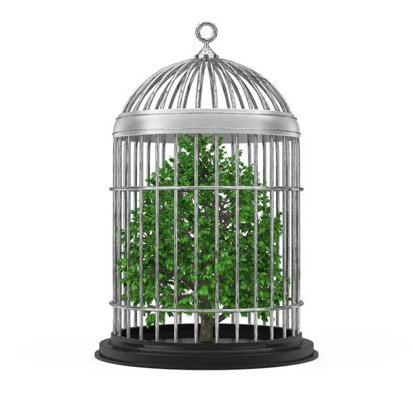 Ecologisch Concept Green Tree Metal Cage Een Witte Achtergrond Rendering — Stockfoto