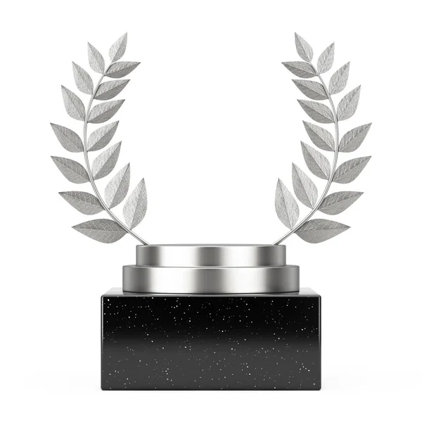 Empty Winner Award Cube Silver Laurel Wreath Podium Stage Pedestal — Stock Photo, Image
