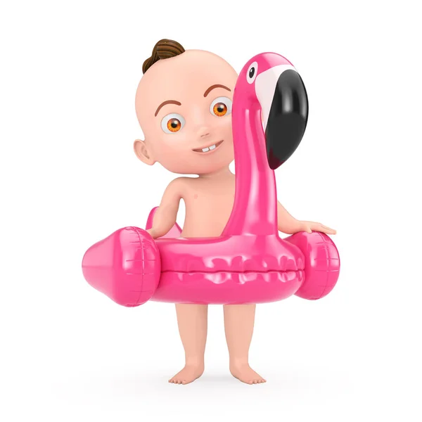 Мультфільм Милий Хлопчик Літнім Басейном Непроникний Гумовий Рожевий Фламінго Іграшка — стокове фото