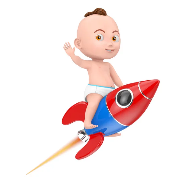 Tekenfilm Schattige Baby Boy Flying Childs Toy Rocket Een Witte — Stockfoto