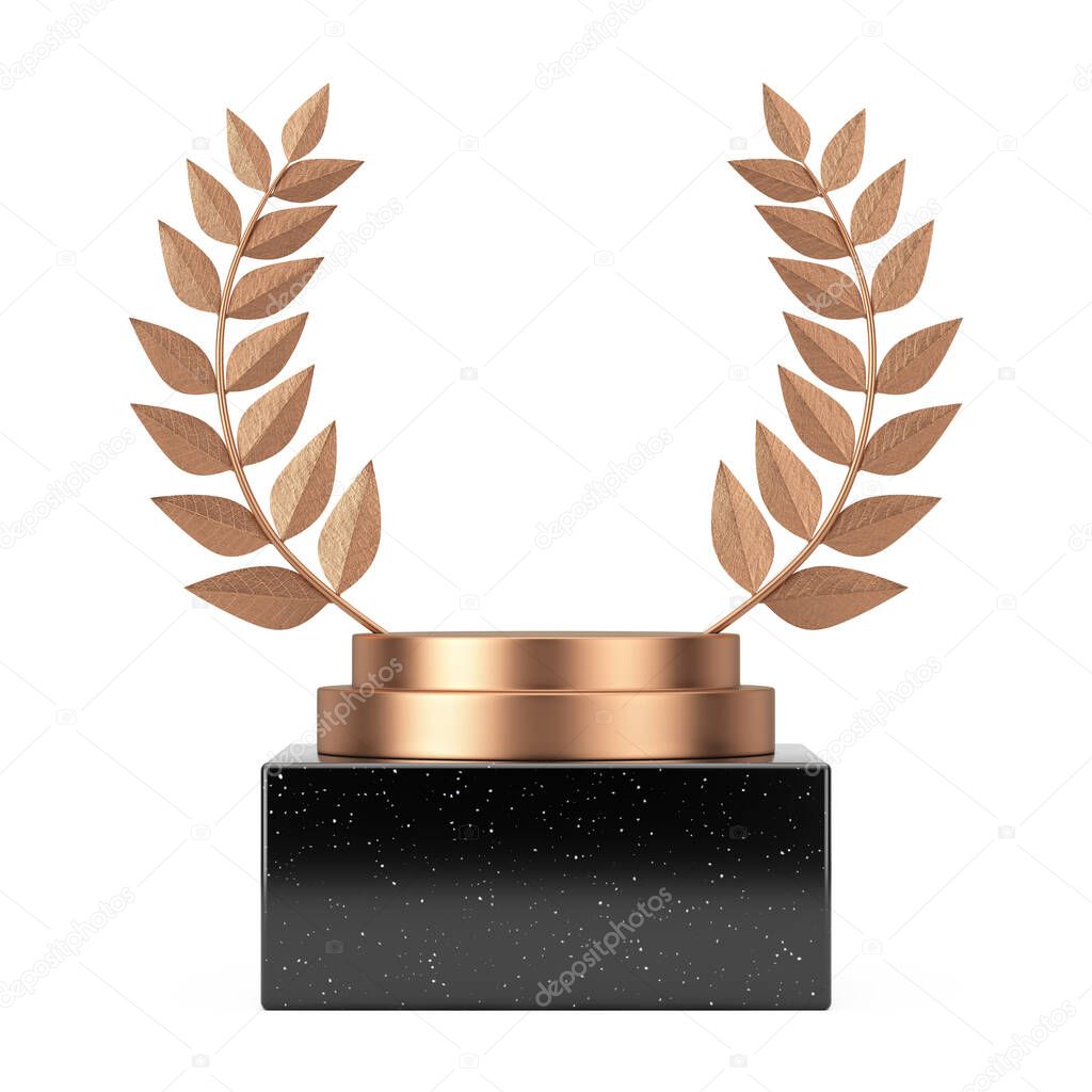 Empty Winner Award Cube Bronze Laurel Wreath Podium, Stage or Pedestal with Free Space for Your Design on a white background. 3d Rendering