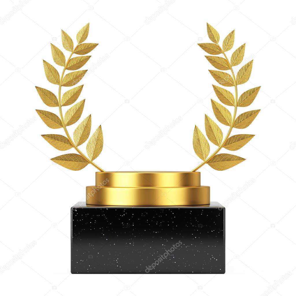 Empty Winner Award Cube Gold Laurel Wreath Podium, Stage or Pedestal with Free Space for Your Design on a white background. 3d Rendering