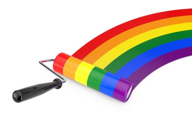 Beyaz arka planda LGBT Gökkuşağı Bayraklı Boya Fırçası. 3d Hazırlama