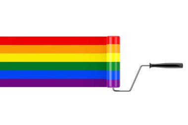 Beyaz arka planda LGBT Gökkuşağı Bayraklı Boya Fırçası. 3d Hazırlama