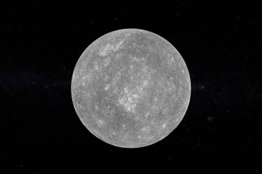 Güneş Sistemi Kavramı. Boşluktan Büyük Gezegen Merkür 'ün Kara Gök arkaplanındaki görüntüsü. Bu görüntünün elementleri NASA tarafından döşenmiştir. 3d Hazırlama