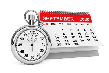 2020 Eylül Takvimi 'nde Stopwatch beyaz arka planda. 3d oluşturma