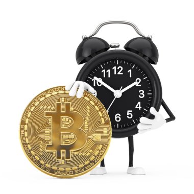 Beyaz arka planda Dijital ve Kripto Para Birimi Altın Bitcoin Maskotu Alarm Saat Karakteri. 3d Hazırlama