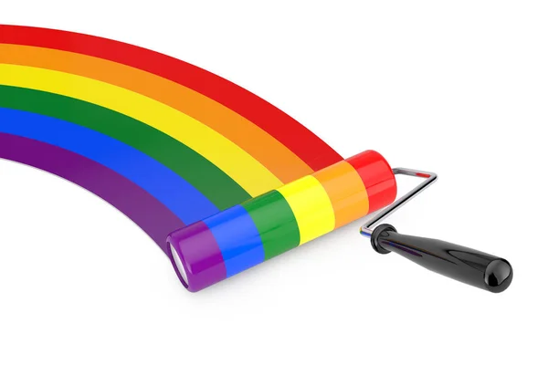 Måla Roller Brush Med Hbt Regnbåge Flagga Vit Bakgrund Konvertering — Stockfoto