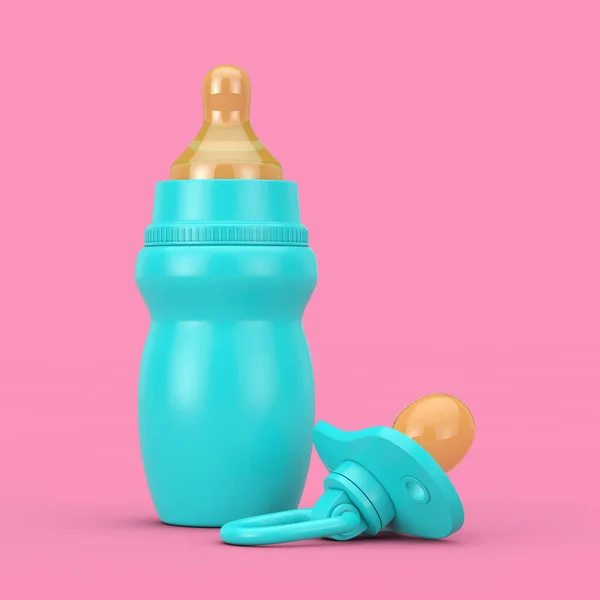 空空白蓝色婴儿奶瓶 配上杜通风格的安抚剂 粉红背景 3D渲染 — 图库照片