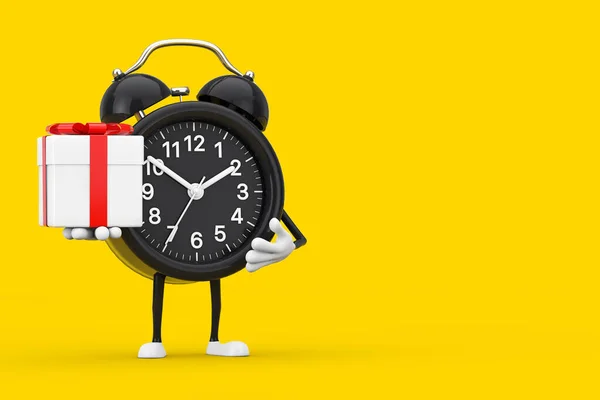 Ρολόι Ξυπνητήρι Μασκότ Χαρακτήρα Κουτί Δώρου Κόκκινη Κορδέλα Κίτρινο Φόντο — Φωτογραφία Αρχείου